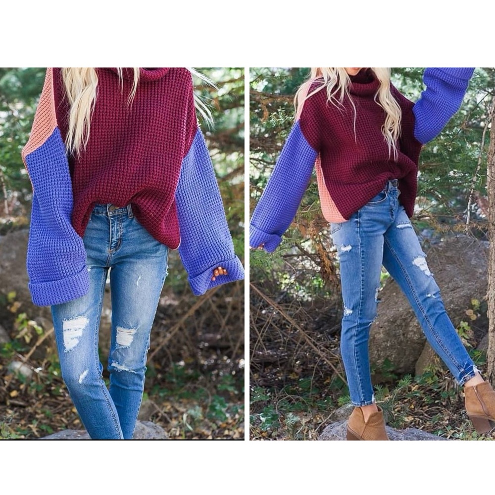 GUC Free People Park City Colorblock Sweater | Reversible Chunky Knit Turtleneck